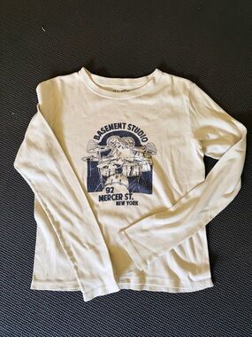 Brandy Melville Cream Long-Sleeve Tee with Navy Drum Graphic